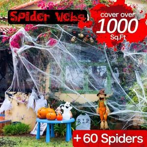 Cobweb Decorations Indoor/Outdoor Spider Webs 1000 sqft with 60 Fake Spiders